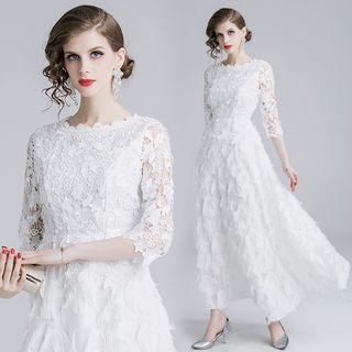 Lace Trim 3/4-sleeve Maxi A-line Dress