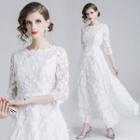 Lace Trim 3/4-sleeve Maxi A-line Dress