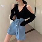 Off-shoulder V-neck Knit Top / Asymmetrical Denim Skirt