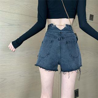 High-waist Distressed Fray-hem Denim Wide-leg Shorts