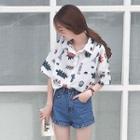 Short Sleeve Cartoon Print Shirt White - One Size