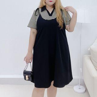 Set: Striped Polo Shirt + Midi A-line Overall Dress