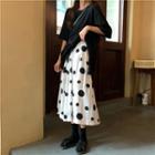 Short-sleeve Plain Loose-fit T-shirt / Dotted Midi Skirt