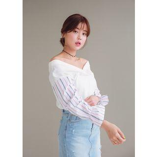V-neck Striped-sleeve Frill-cuff Top