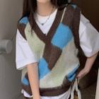 Color Block Sweater Vest Brown & Blue & Light Green - One Size