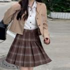 Single-breasted Cropped Blazer / Plaid Mini Pleated Skirt