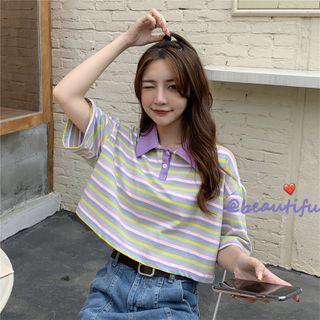 Short-sleeve Cropped Striped Polo Shirt