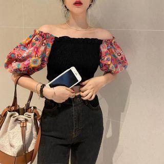 Puff-sleeve Off-shoulder Floral Print Crop Top