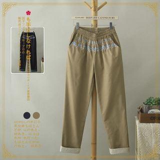 Band-waist Embroidered Straight Leg Pants Khaki - One Size