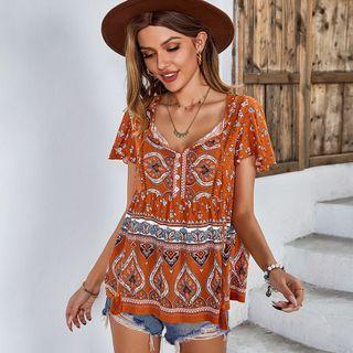 Short-sleeve Patterned Half-button Blouse