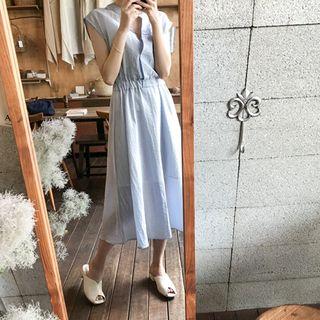 Open-placket Cap-sleeve Stripe Long Dress Dark Sky Blue - One Size