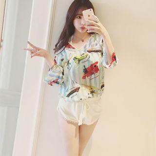 Set: Print Bikini + Cover-up + Tasseled Shorts