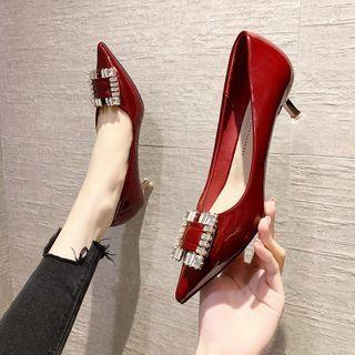 Pointed Rhinestone Kitten Heel Pumps