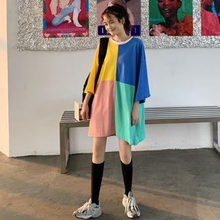 Color Block Long T-shirt As Shown In Figure - One Size