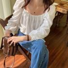 Plain Square-neck Long-sleeve Top Off-white - One Size