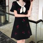 Cherry Embroidered Short-sleeve Shift Dress Black - One Size