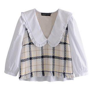 3/4-sleeve Collared Plaid Panel Blouse