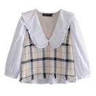 3/4-sleeve Collared Plaid Panel Blouse