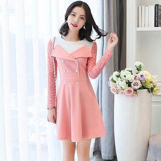 Lace Panel Double Breasted Long Sleeve Dress