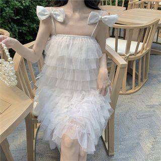 Spaghetti Strap Bow Accent Ruffle Smock Dress