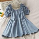 Boatneck Bubble-sleeve Mini Dress