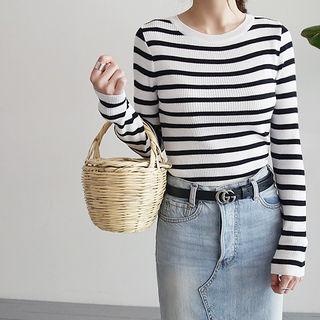 Long-sleeve Striped Ribbed Knit Top