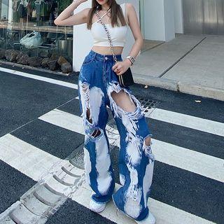 Distressed Splatter Print Wide Leg Jeans