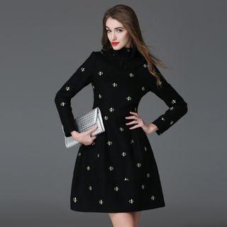 Embroidered Stand Collar A-line Dress
