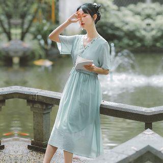 Embroidered Short-sleeve V-neck Dress