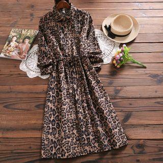 Long-sleeve Leopard Print Midi A-line Shirtdress