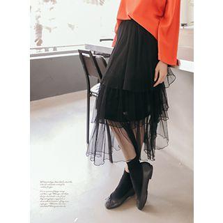 Band-waist Mesh Tiered Skirt