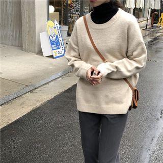 Long-sleeve Plain Knit Sweater Almond - One Size