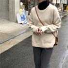 Long-sleeve Plain Knit Sweater Almond - One Size