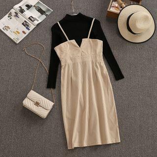 Set: Mock Neck Knit Top + Corduroy Strappy Dress