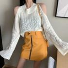 Perforated Off-shoulder Sweater / Zip High-waist Skirt