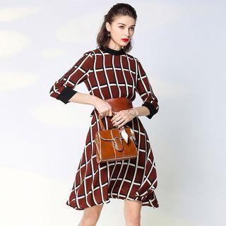 Check 3/4-sleeve A-line Dress