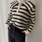 Sailor-collar Stripe Rib-knit Top Cream - One Size