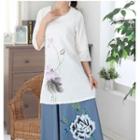 3/4-sleeve Printed Linen Top