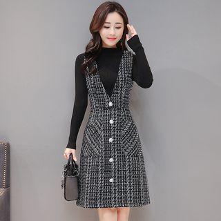 Mock Neck Knit Top / Sleeveless A-line Dress / Set