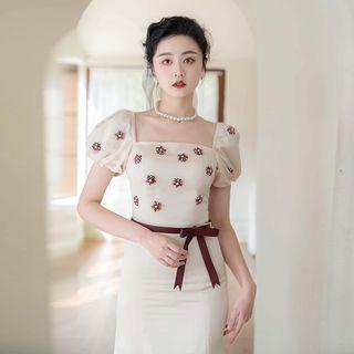 Puff-sleeve Beaded Midi Mermaid Dress