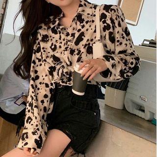 Long-sleeve Cow Print Loose Fit Shirt