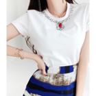 Rhinestone Mock-necklace T-shirt Ivory - One Size