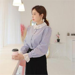 Puff-shoulder Lace-trim Stripe Blouse