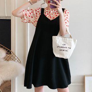 Set: Flower Print Short-sleeve T-shirt + Jumper Dress