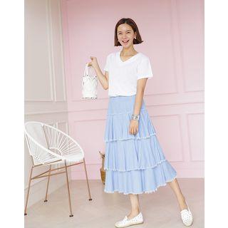 Fringed-tiered Denim Long Skirt