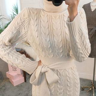 Turtleneck Long Cable-knit Dress With Sash