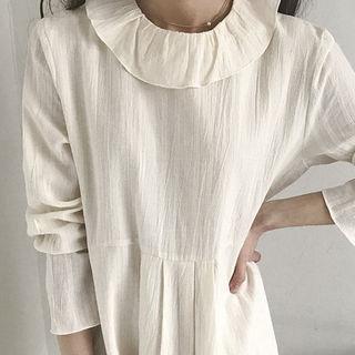 Frill-collar Shirred Textured Long Dress