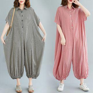 Plaid Short-sleeve With Jumpsuits