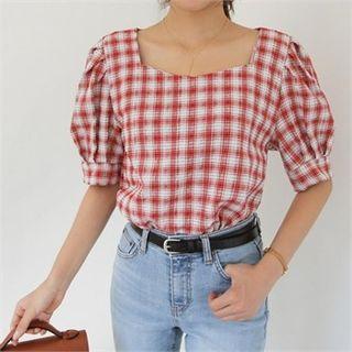 Square-neck Puff-sleeve Plaid Top