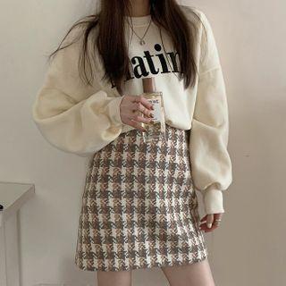 Lettering Sweatshirt / Houndstooth Mini A-line Skirt